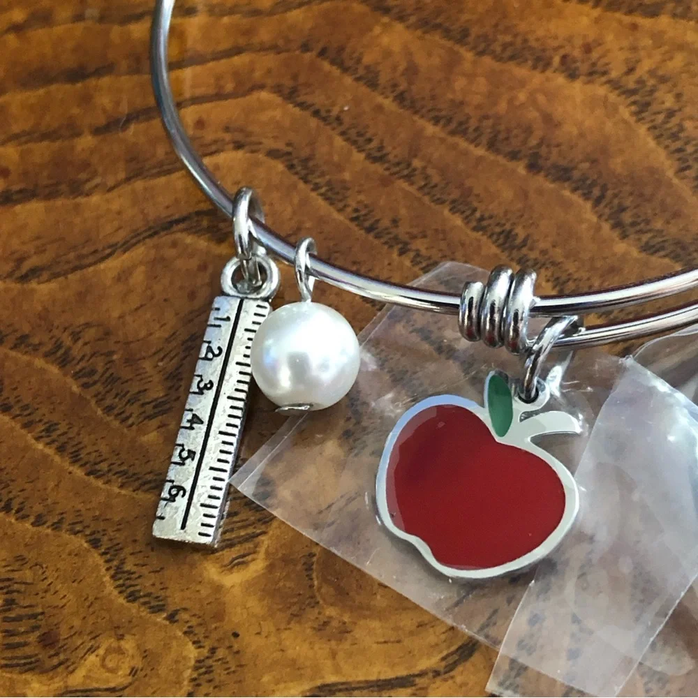 Teacher charm initial “K” silver plated adjustable bangle bracelet